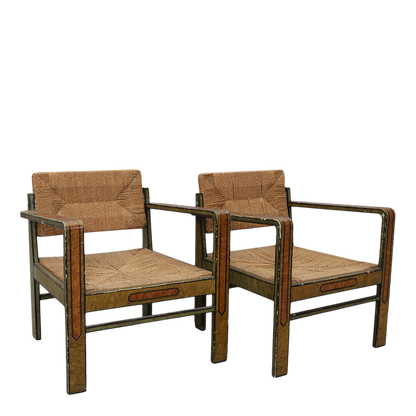 1940s Swedish : Allmoge Revival painted wood & corded rush armchair