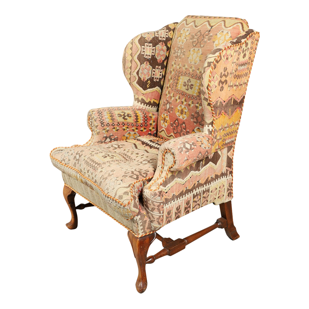 1950s George II style : classic wing chair w/kilim upholstery