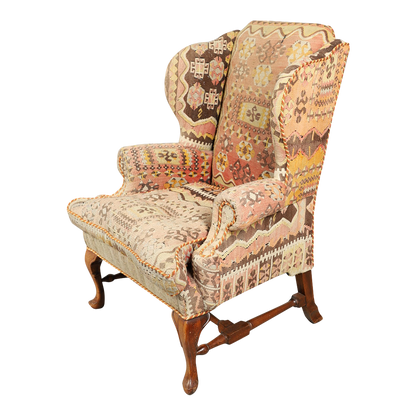 1950s George II style : classic wing chair w/kilim upholstery