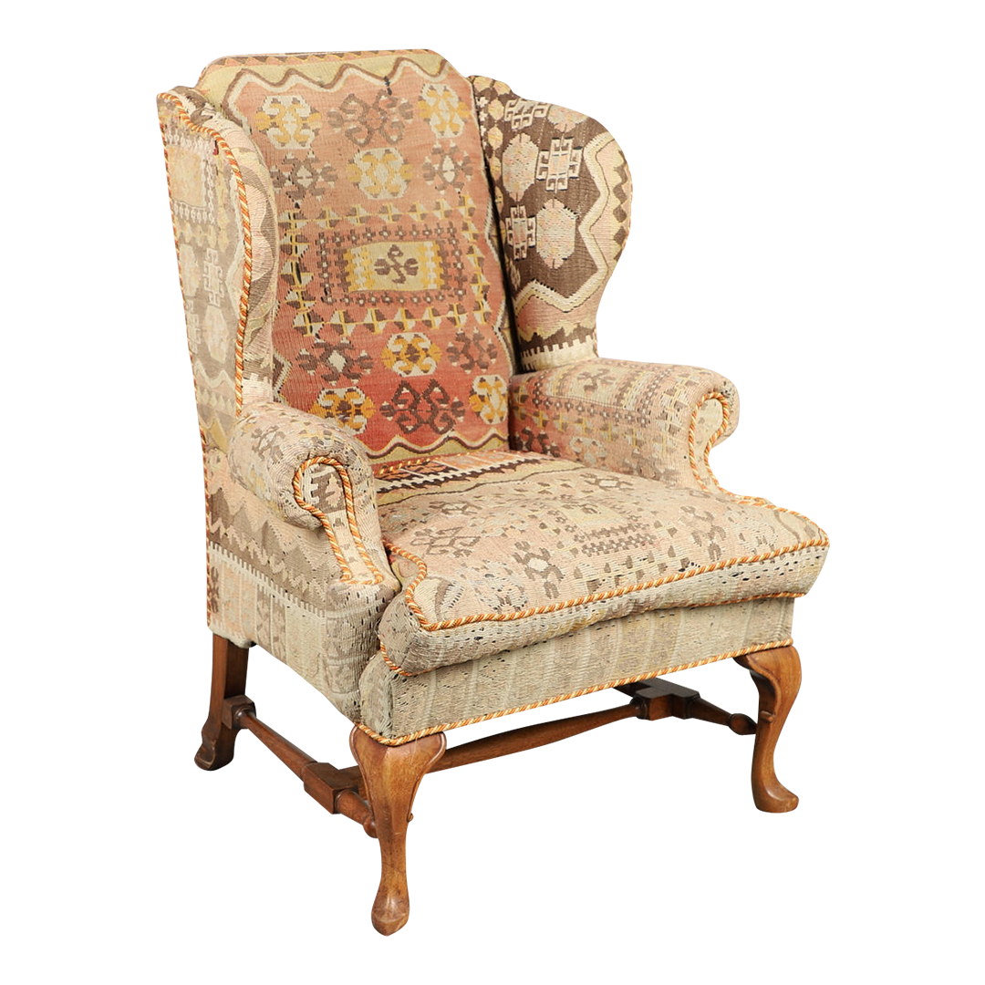 1950s George II style : classic wing chair w/kilim upholstery