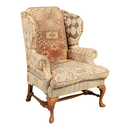 1950s George II style : classic wing chair w/kilim upholstery