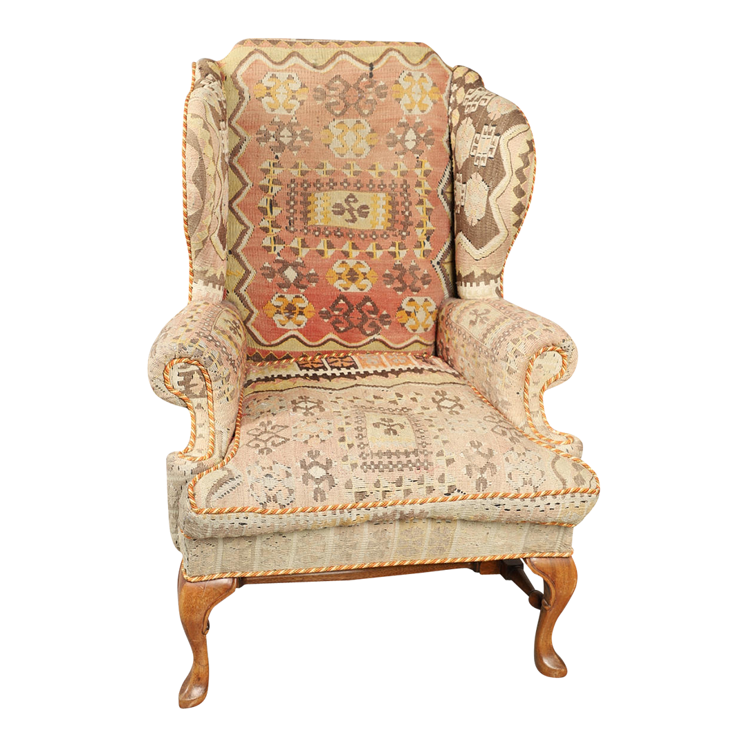 1950s George II style : classic wing chair w/kilim upholstery