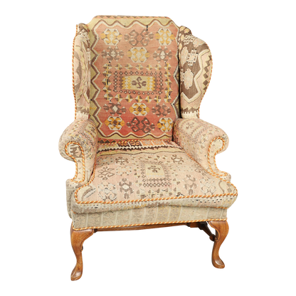 1950s George II style : classic wing chair w/kilim upholstery