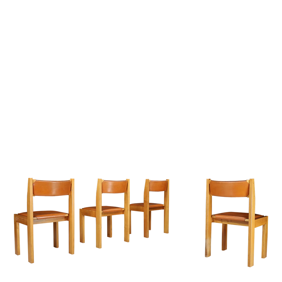 1970s Luigi Gorgoni : four elm & leather chairs, Roche Bobois, France