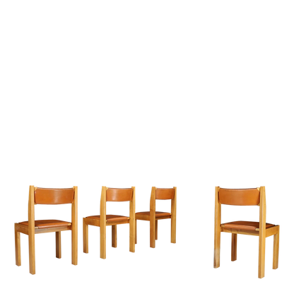 1970s Luigi Gorgoni : four elm & leather chairs, Roche Bobois, France