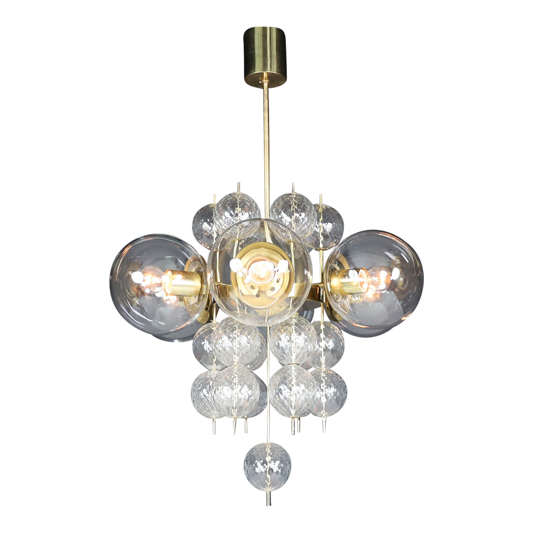 1960s Preciosa Czech : 30" six clear globe & brass chandelier