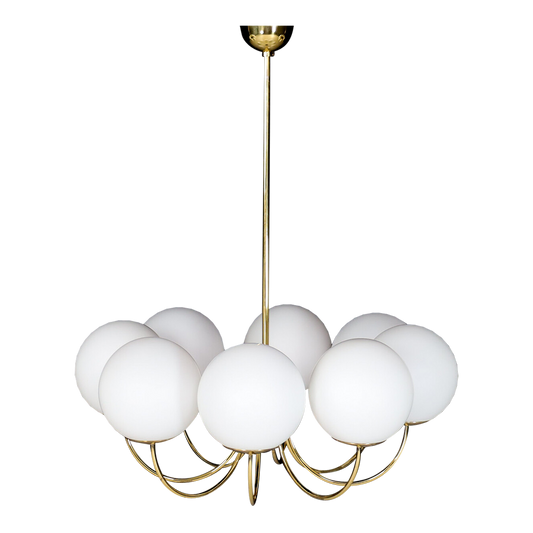 Late 20thc European : eight arm 35" opaline glass & brass chandelier