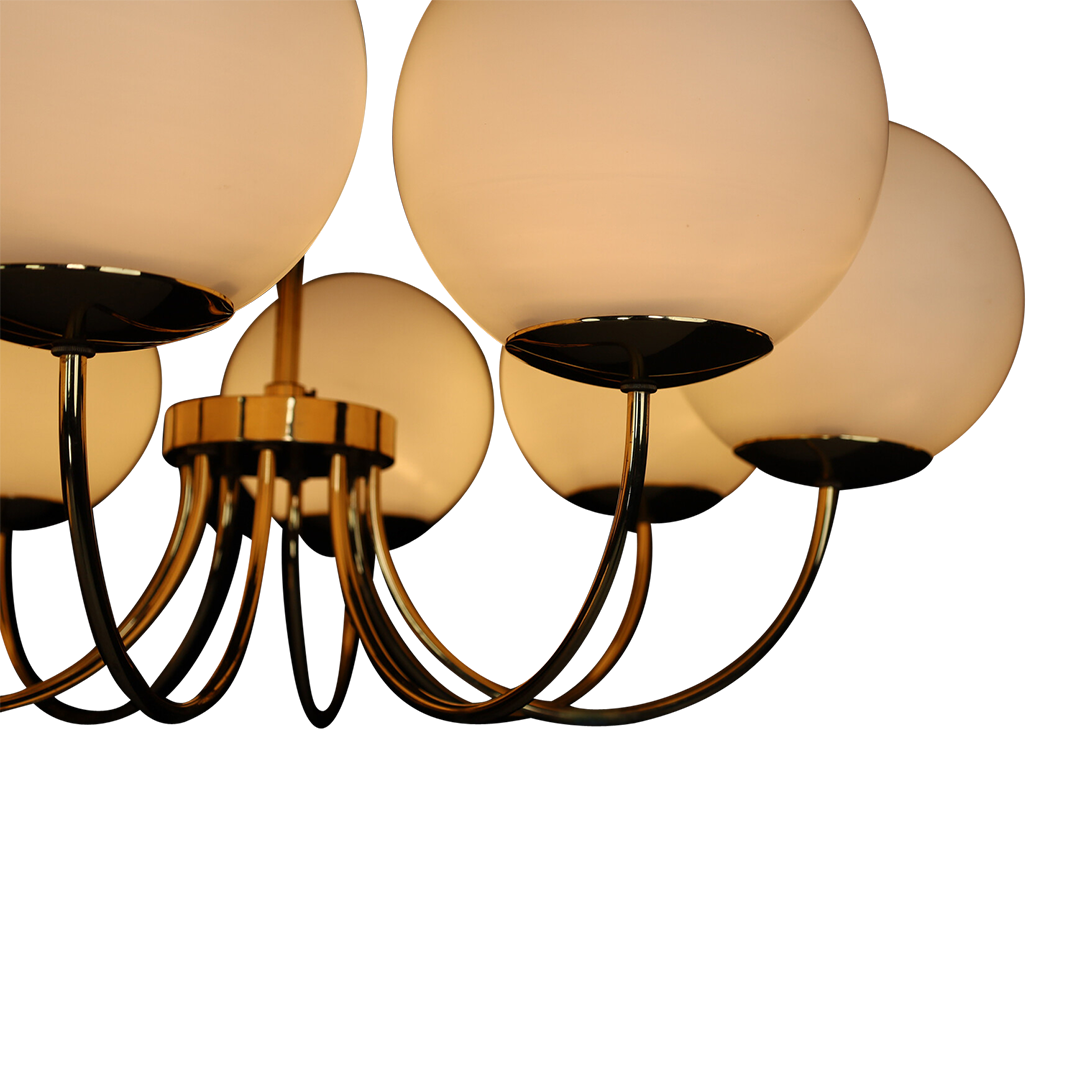 Late 20thc European : eight arm 35" opaline glass & brass chandelier