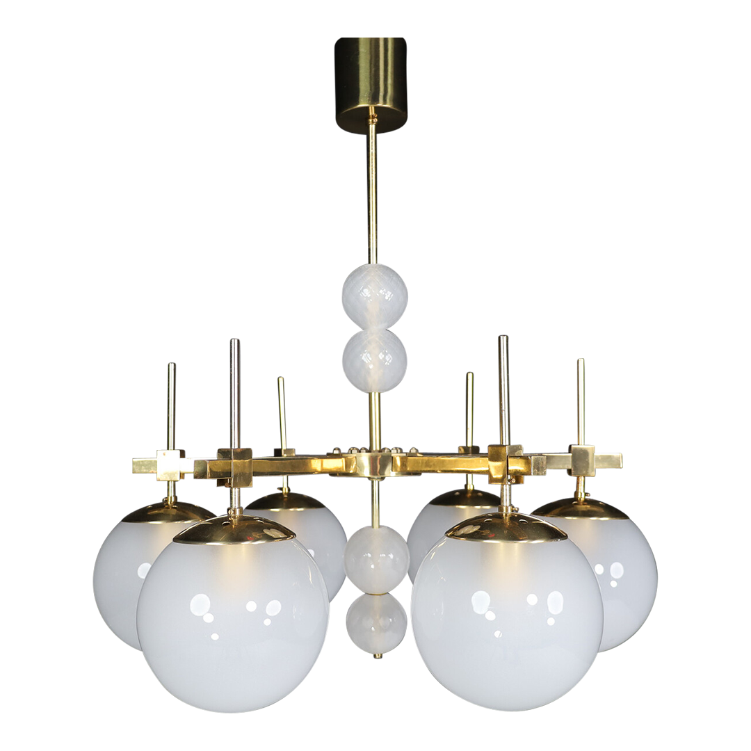 1970s European Hotel : six frosted globe & brass chandelier