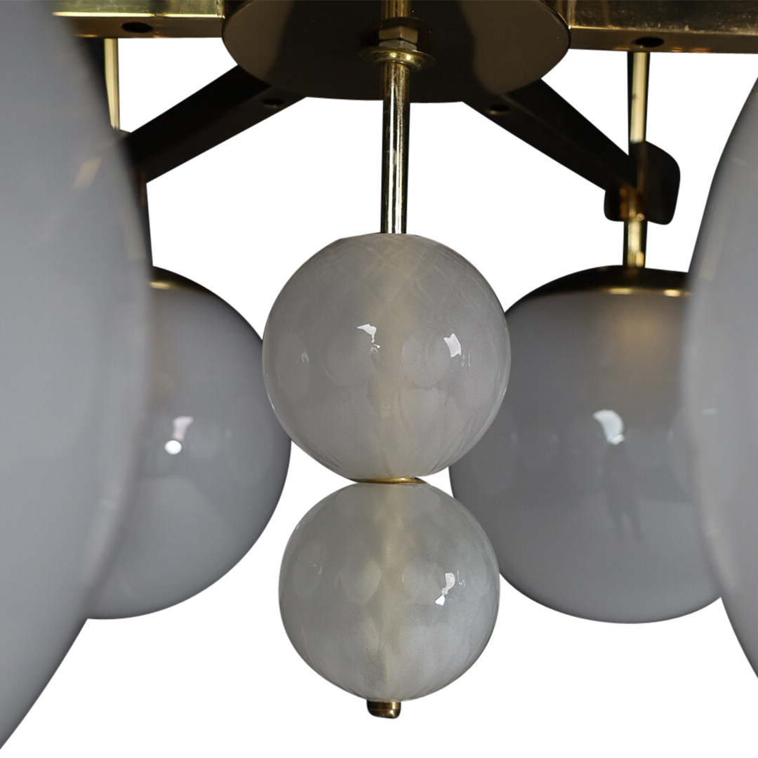 1970s European Hotel : six frosted globe & brass chandelier