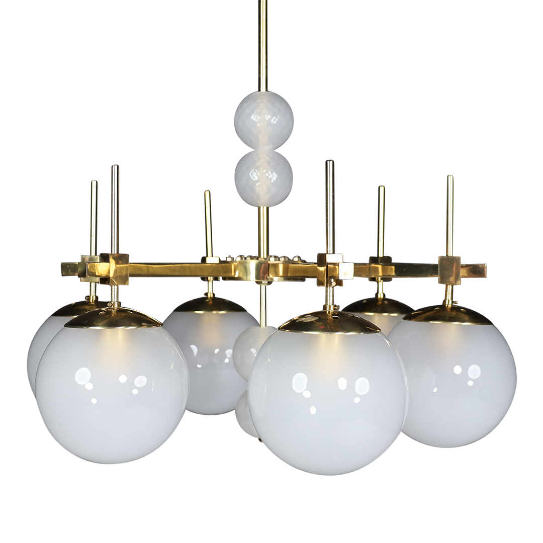 1970s European Hotel : six frosted globe & brass chandelier