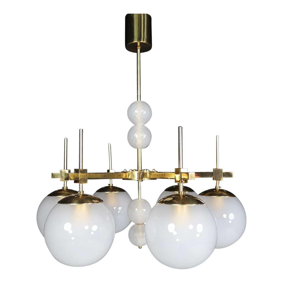1970s European Hotel : six frosted globe & brass chandelier