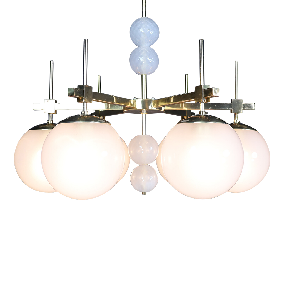 1970s European Hotel : six frosted globe & brass chandelier