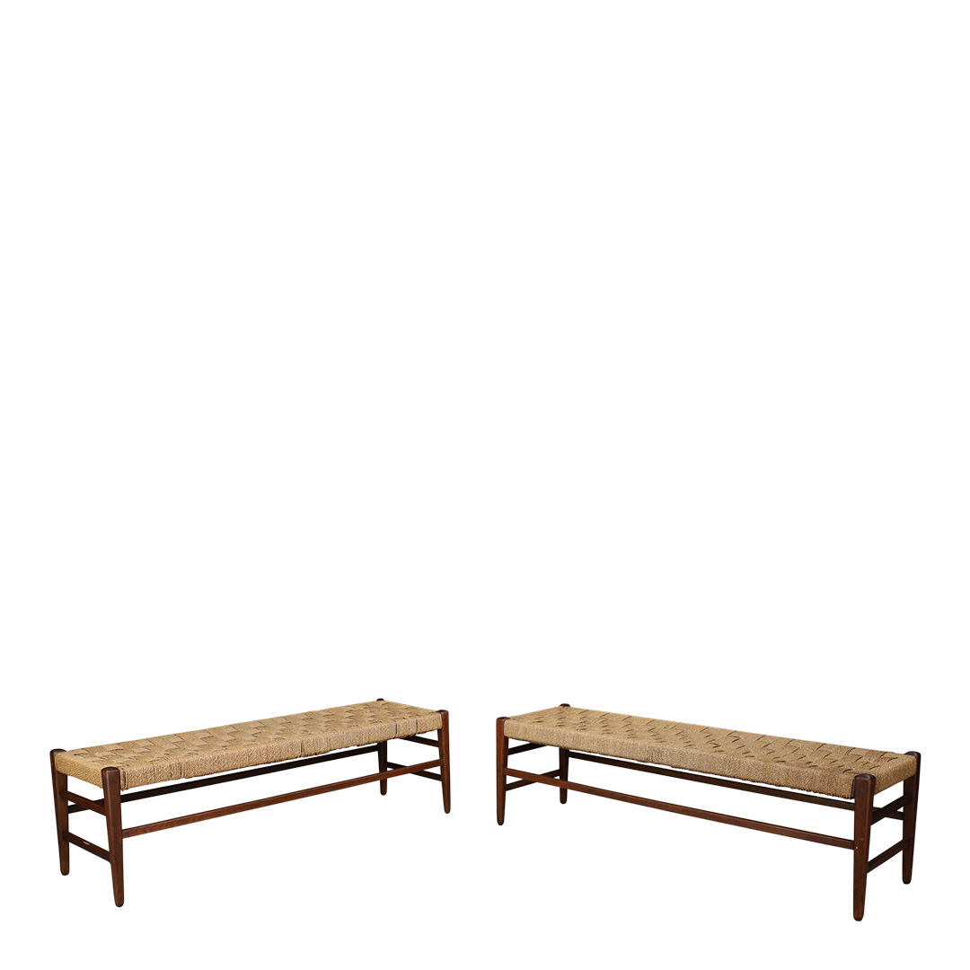 1960s French : 59" oakwood & corded hemp long bench