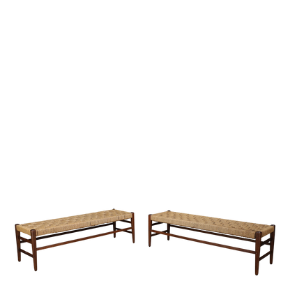 1960s French : 59" oakwood & corded hemp long bench