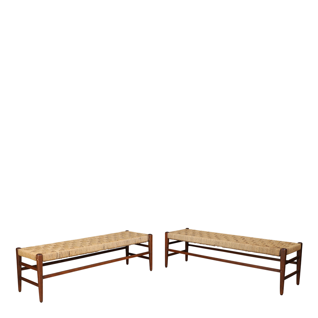 1960s French : 59" oakwood & corded hemp long bench