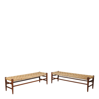 1960s French : 59" oakwood & corded hemp long bench