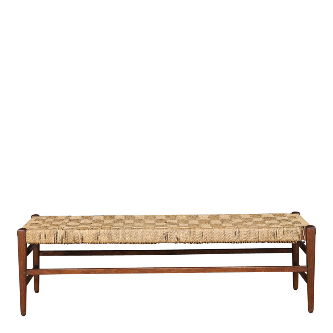 1960s French : 59" oakwood & corded hemp long bench