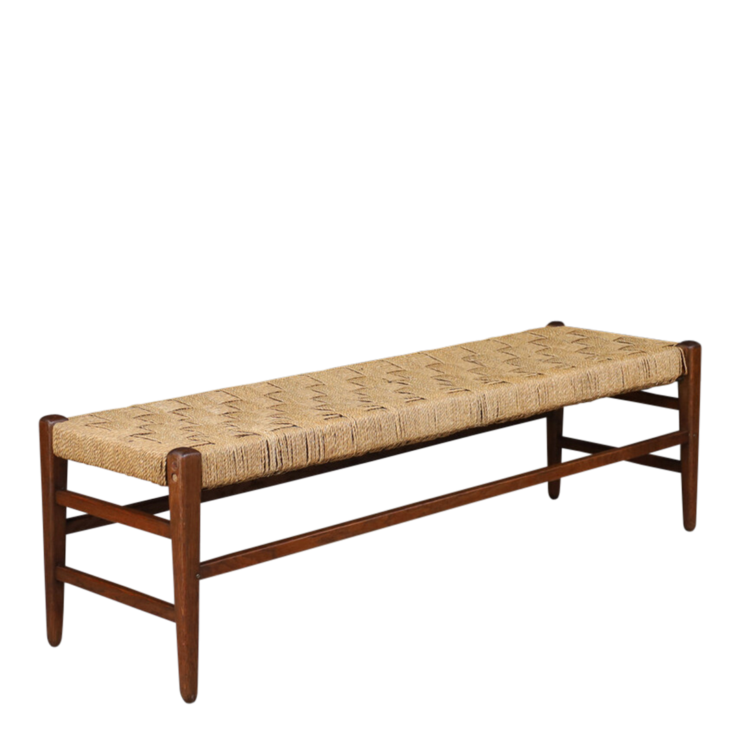 1960s French : 59" oakwood & corded hemp long bench