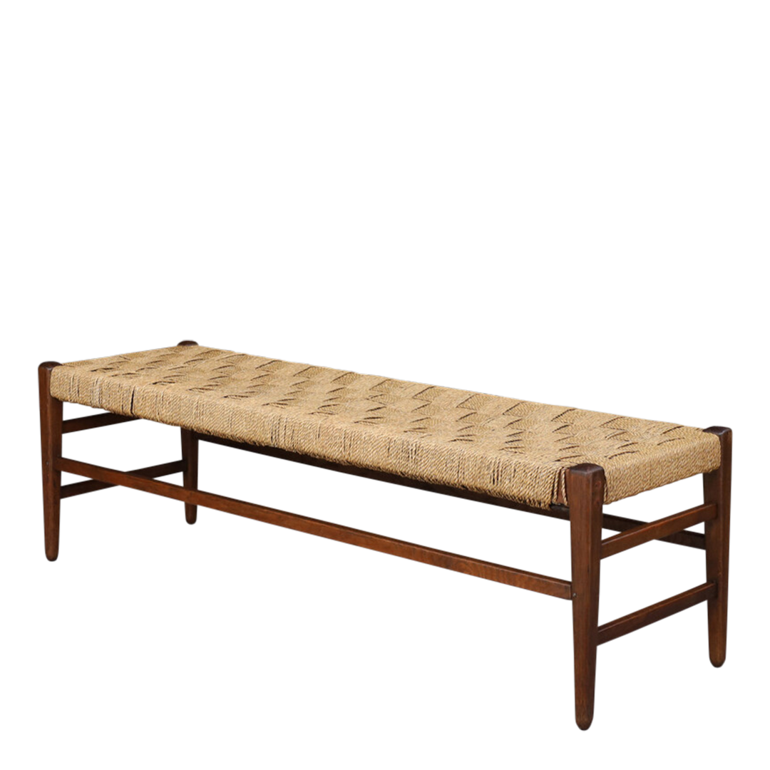 1960s French : 59" oakwood & corded hemp long bench