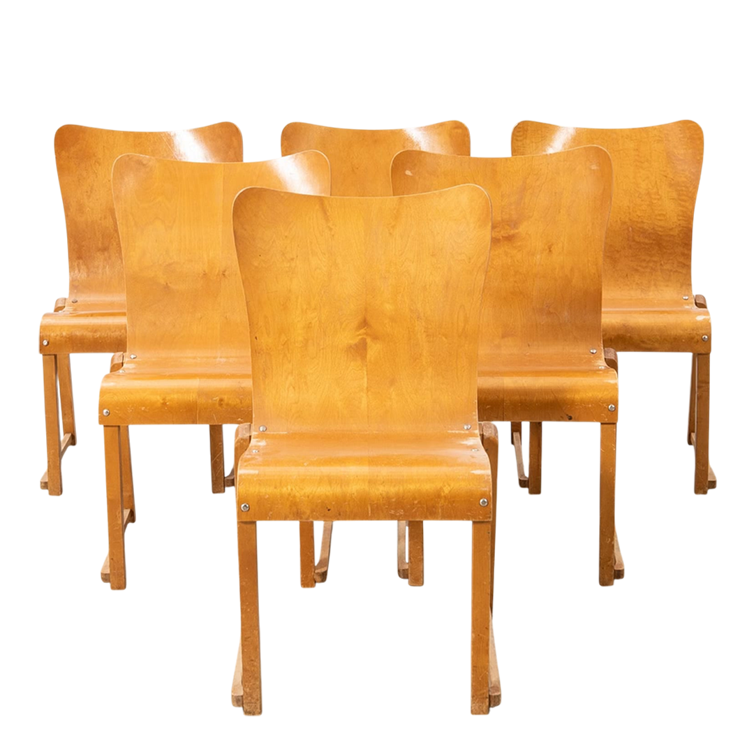 1950s Axel Larsson : set six molded birchwood stacking chairs