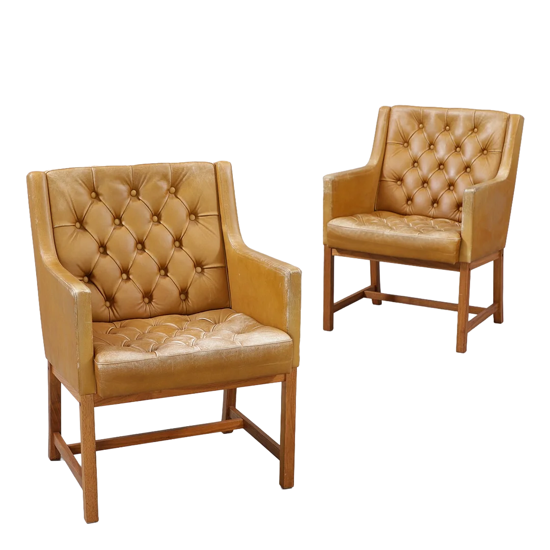 1960s Karl-Erik Ekselius : pair tufted leather square-form armchairs, Sweden