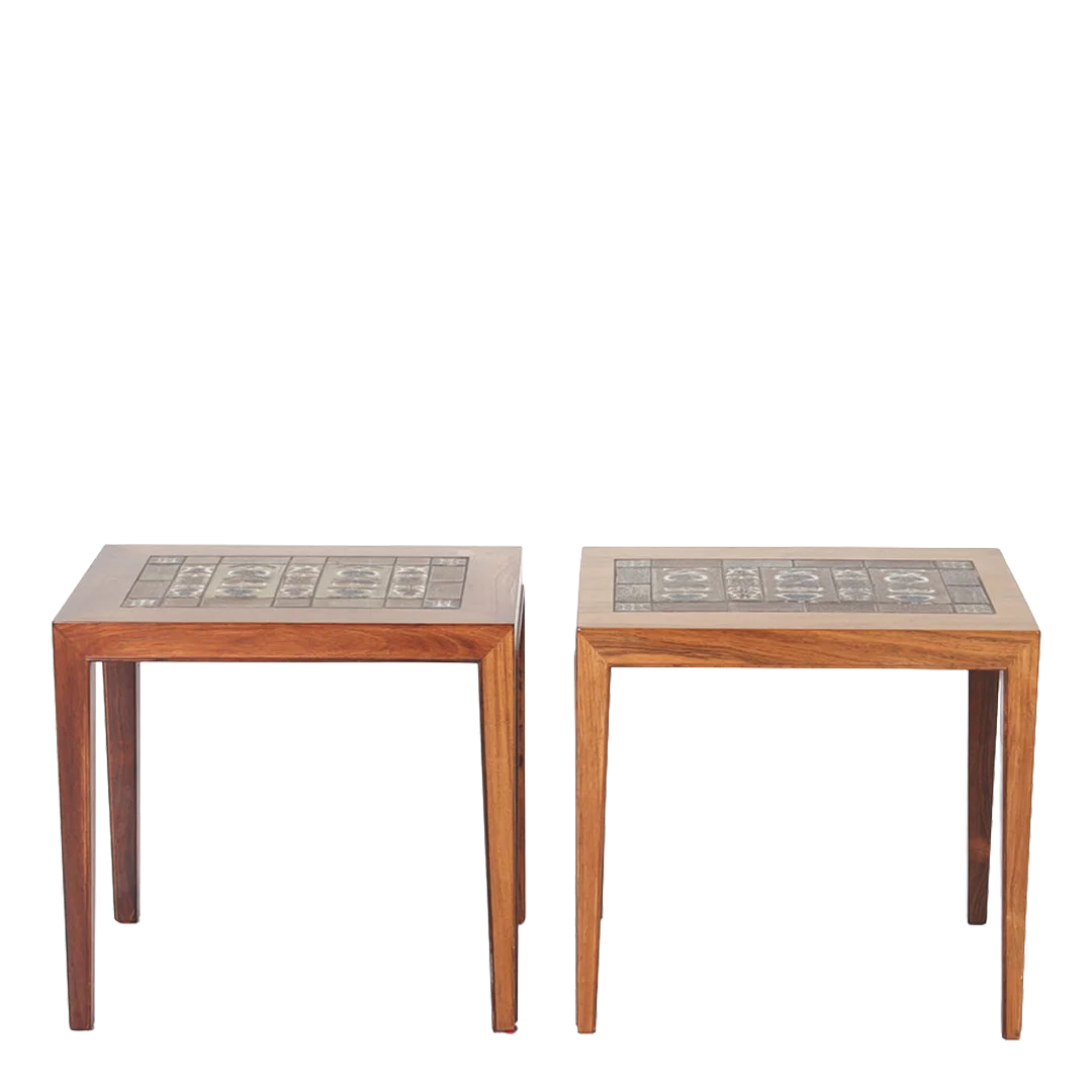 Late 1960s Haslev Møbler : pair of rosewood side tables w/Baca tile, Denmark