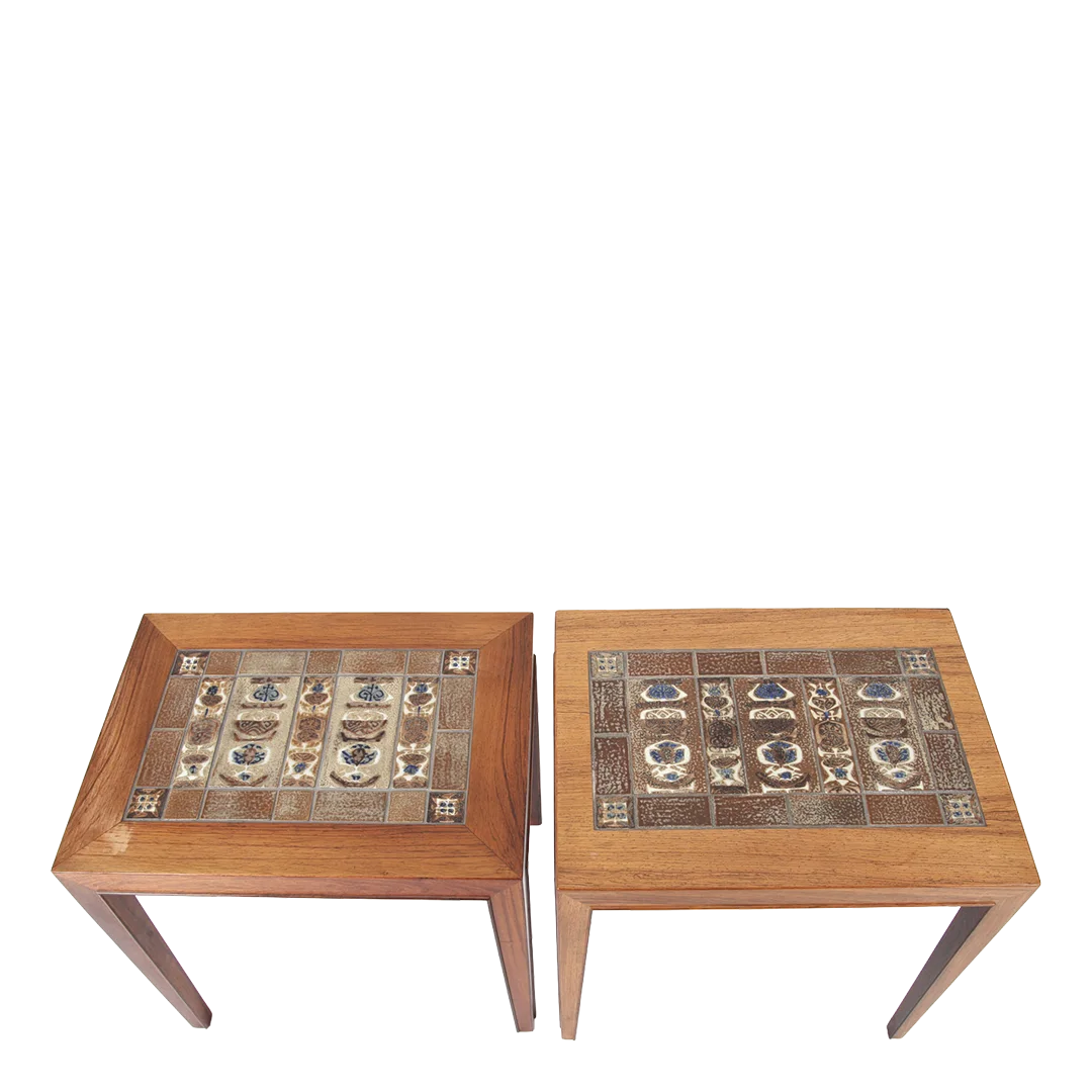 Late 1960s Haslev Møbler : pair of rosewood side tables w/Baca tile, Denmark