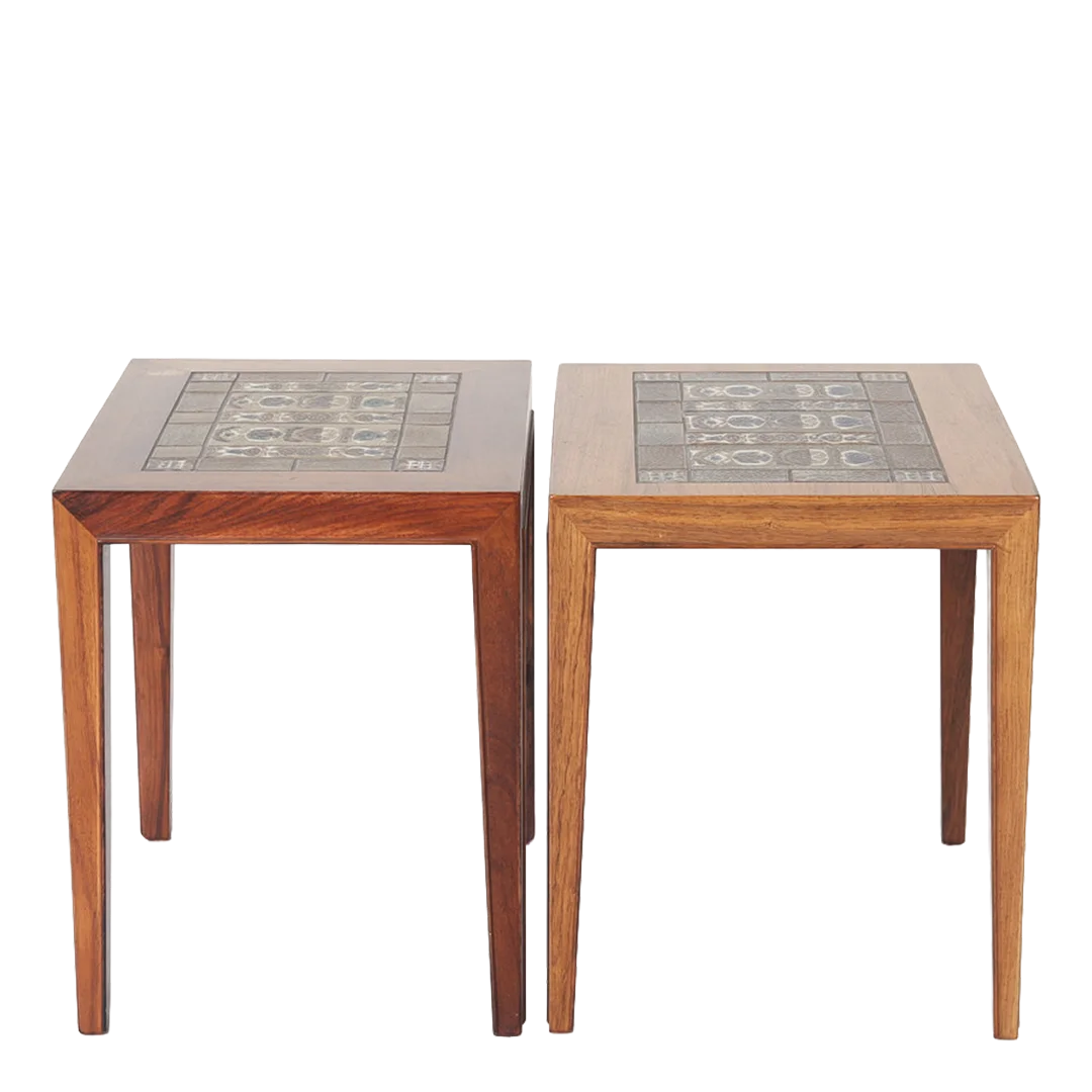 Late 1960s Haslev Møbler : pair of rosewood side tables w/Baca tile, Denmark