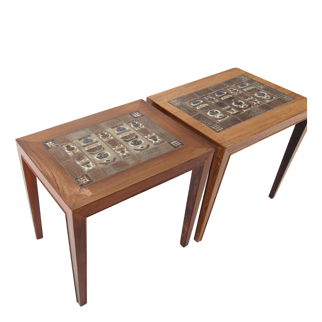 Late 1960s Haslev Møbler : pair of rosewood side tables w/Baca tile, Denmark
