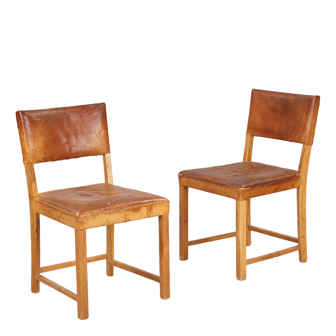 1930s Scandinavian : solid oakwood & cognac leather side chair