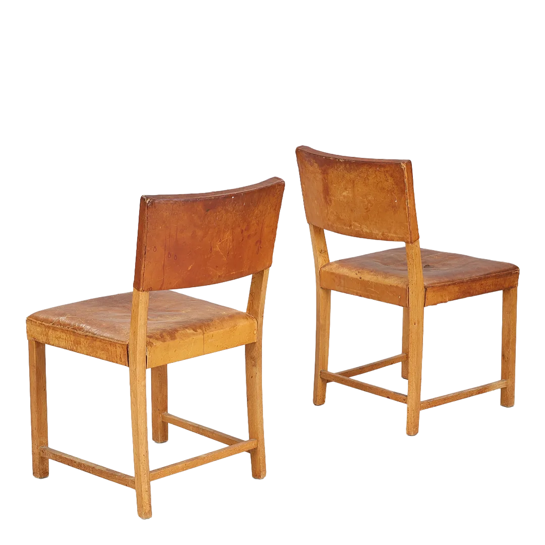 1930s Scandinavian : solid oakwood & cognac leather side chair