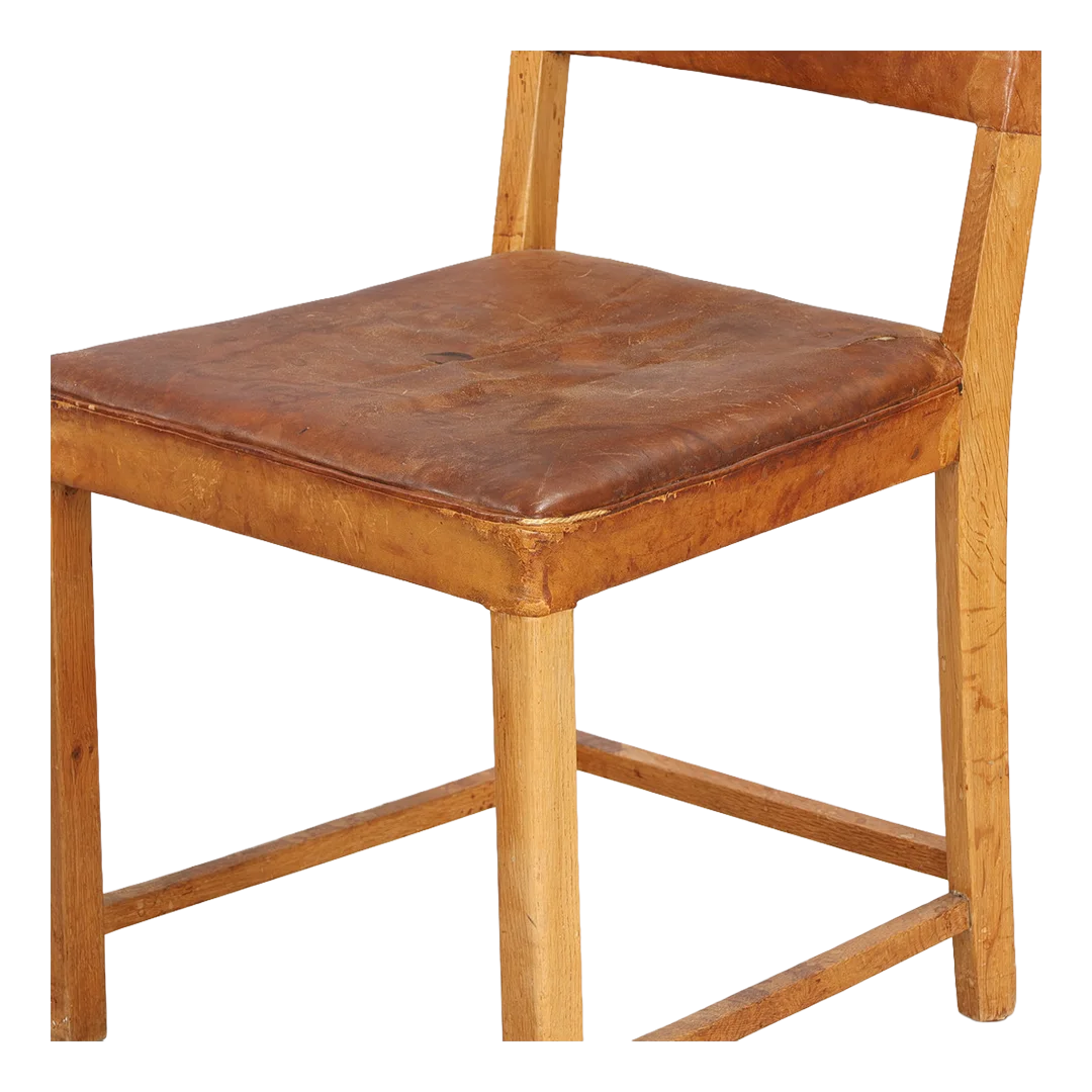 1930s Scandinavian : solid oakwood & cognac leather side chair