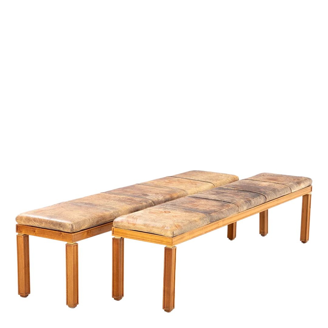 1950s English : Neoclassical Revival 80" leather clad long bench
