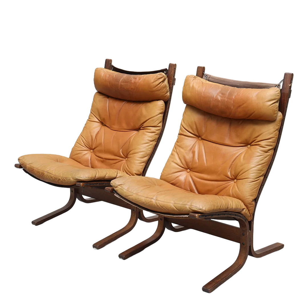 1965 Ingmar Relling : pair brown leather "Siesta" lounge chairs + ottoman, Norway