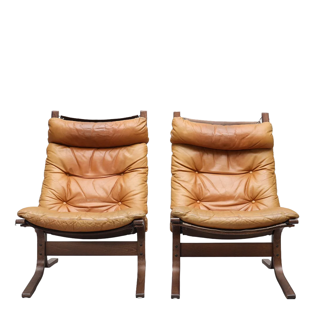 1965 Ingmar Relling : pair brown leather "Siesta" lounge chairs + ottoman, Norway