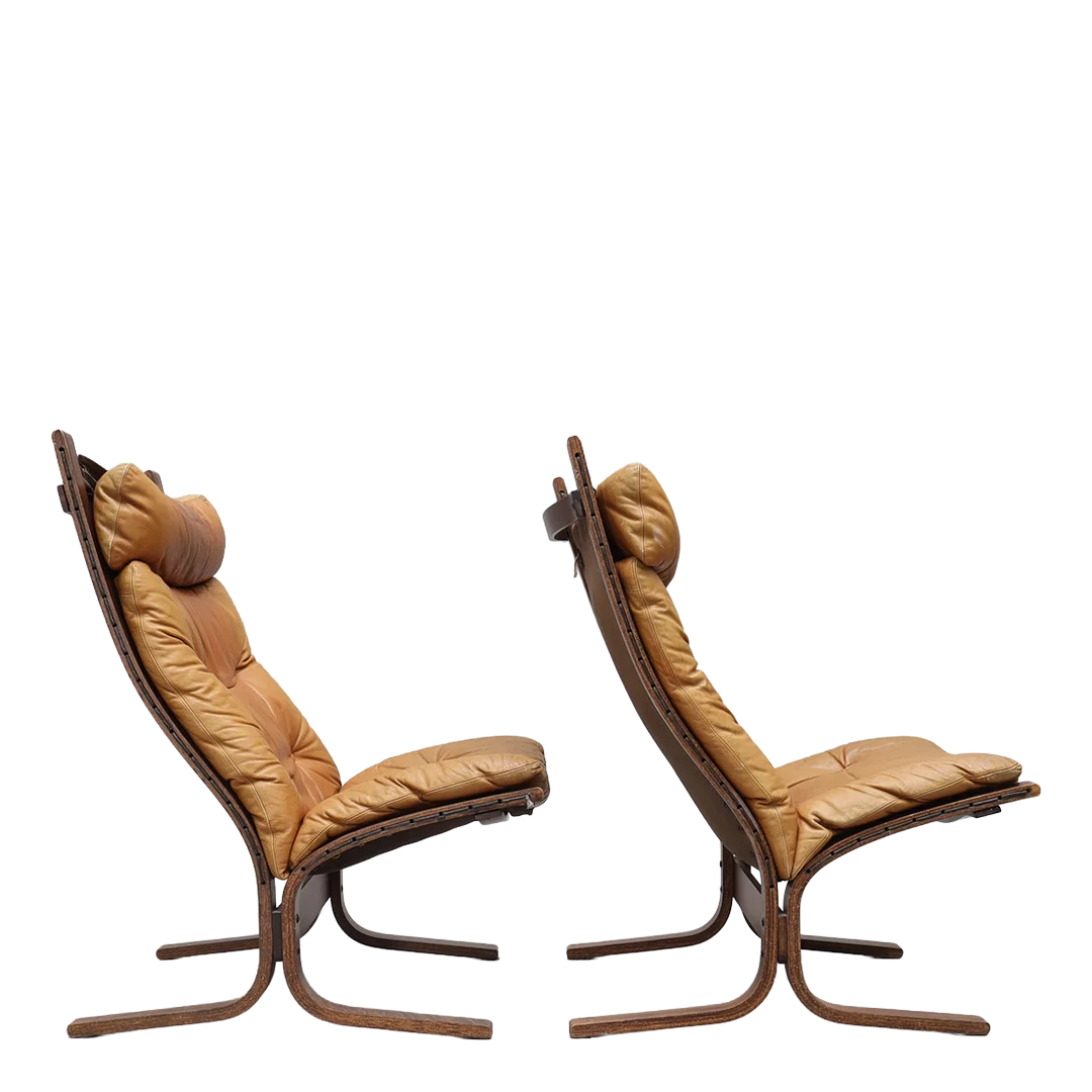 1965 Ingmar Relling : pair brown leather "Siesta" lounge chairs + ottoman, Norway