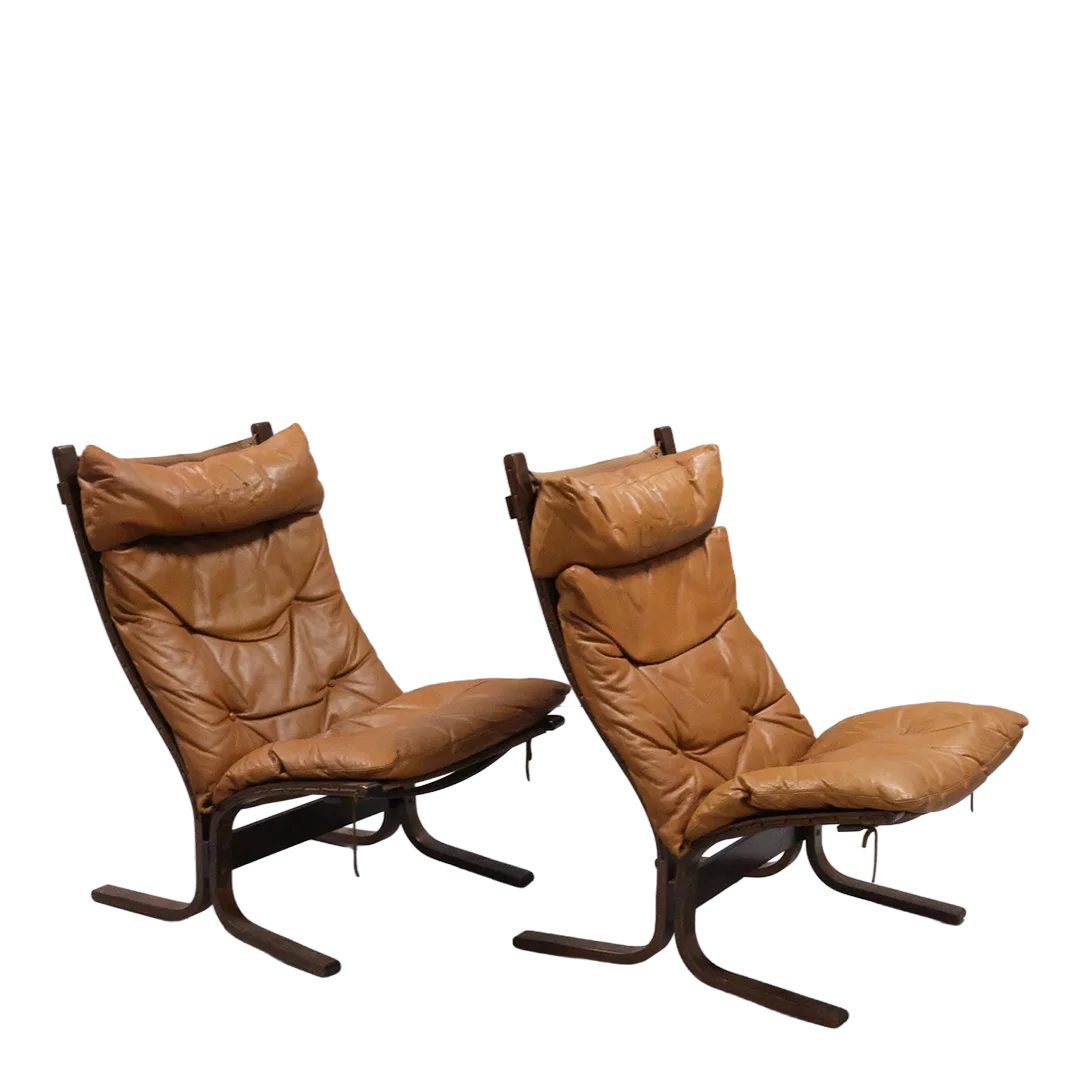 1965 Ingmar Relling : pair brown leather "Siesta" lounge chairs + ottoman, Norway