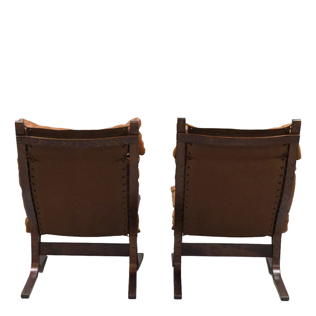 1965 Ingmar Relling : pair brown leather "Siesta" lounge chairs + ottoman, Norway