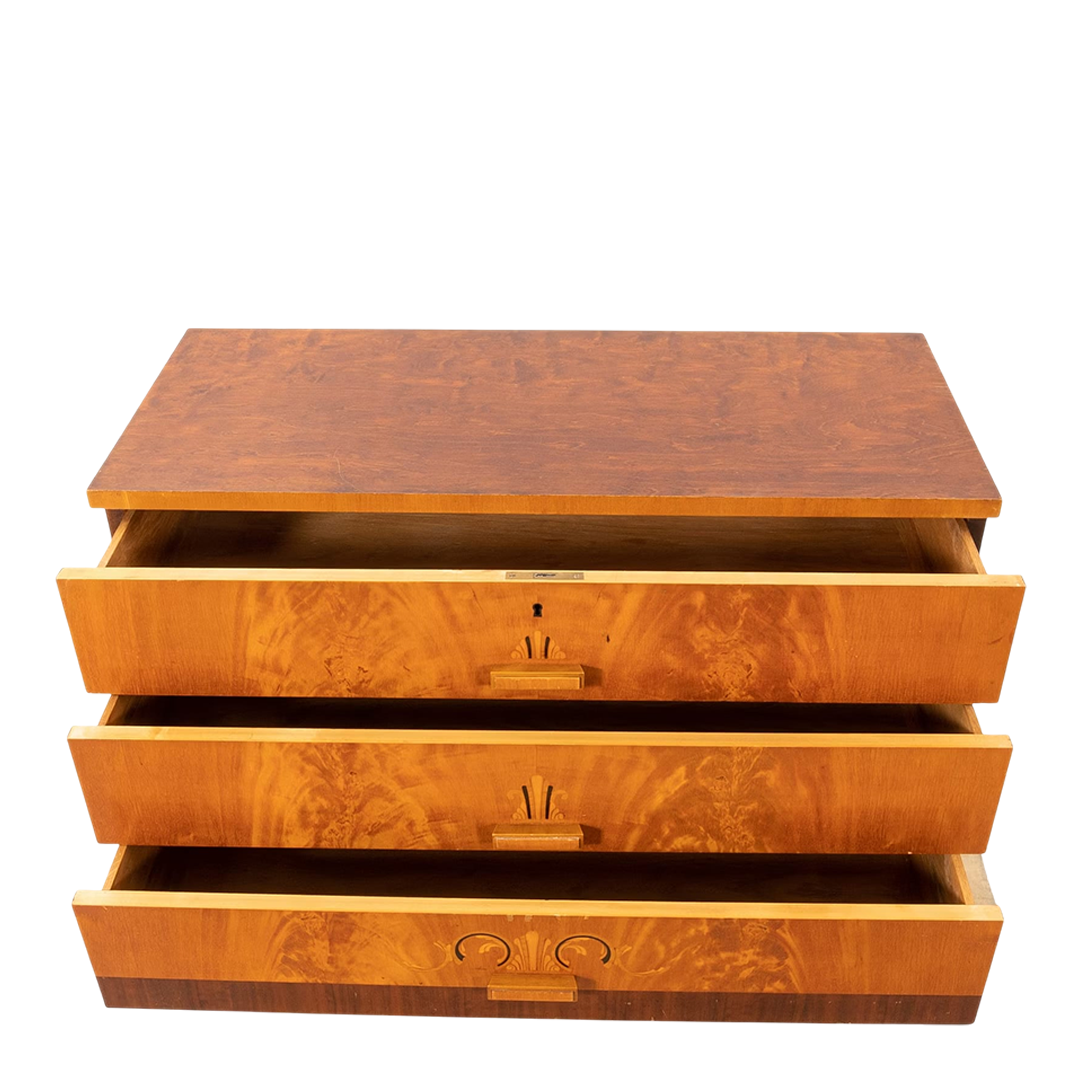 1930s Swedish Grace : burl birchwood 39" chest of drawers w/intarsia