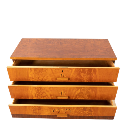 1930s Swedish Grace : burl birchwood 39" chest of drawers w/intarsia