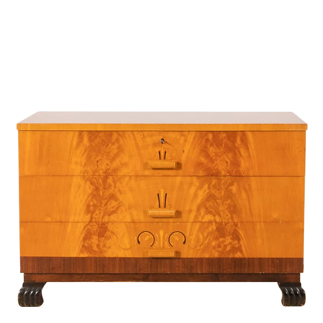 1930s Swedish Grace : burl birchwood 39" chest of drawers w/intarsia