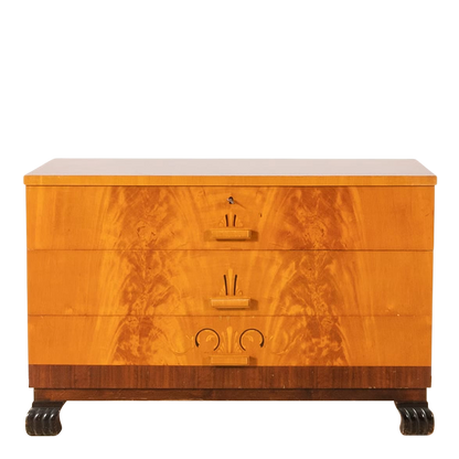 1930s Swedish Grace : burl birchwood 39" chest of drawers w/intarsia