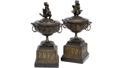 Pair 19thc bronze floral tazza w/putto & swan