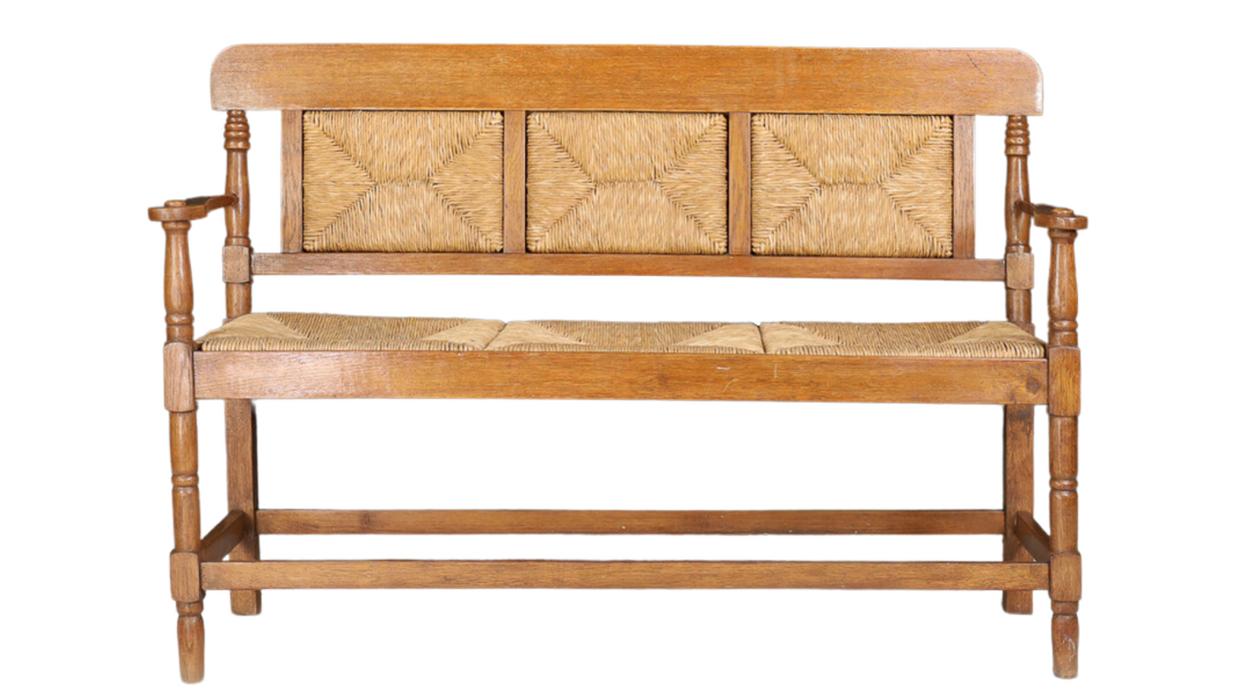 1950s French country oak & seagrass bench