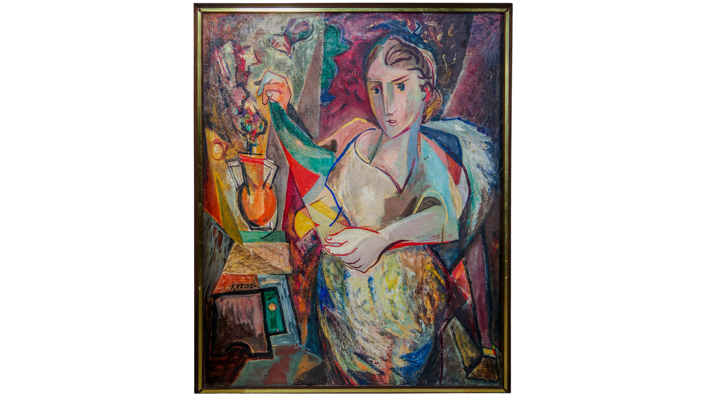 Alexander Kreisel (1901-1953) cubist painting, "Lady with Scarf"
