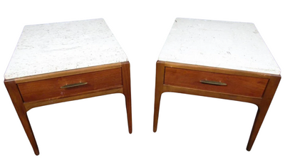 Pair 1960s Lane walnut and travertine end tables