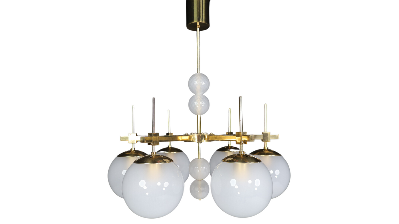 1970s European hotel six opaline globe chandelier