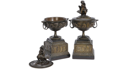 Pair 19thc bronze floral tazza w/putto & swan