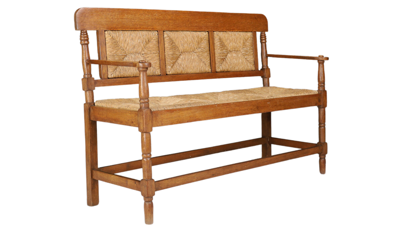 1950s French country oak & seagrass bench